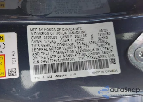 2023 Honda Civic Lx z USA, uszkodzony, nr VIN 2HGFE2F2XPH553505
